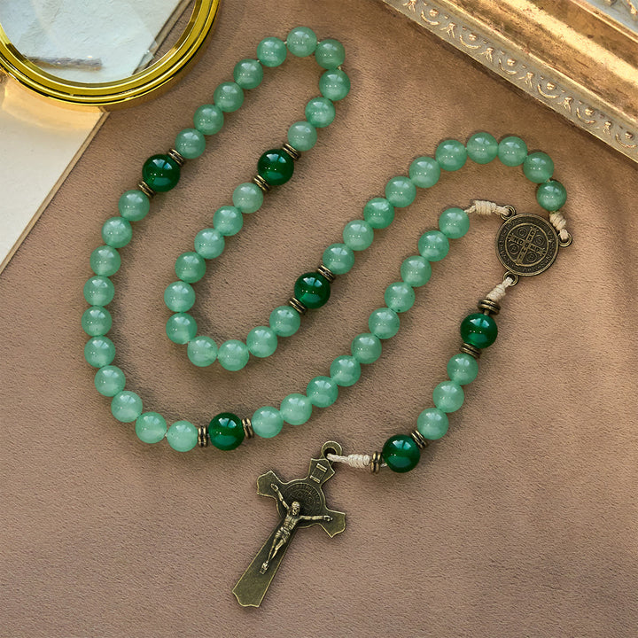 Rosario in avventurina verde benedetta Christianartworkshop : perle di giada e ciondolo del guardiano di San Benedetto - Verde - image 0