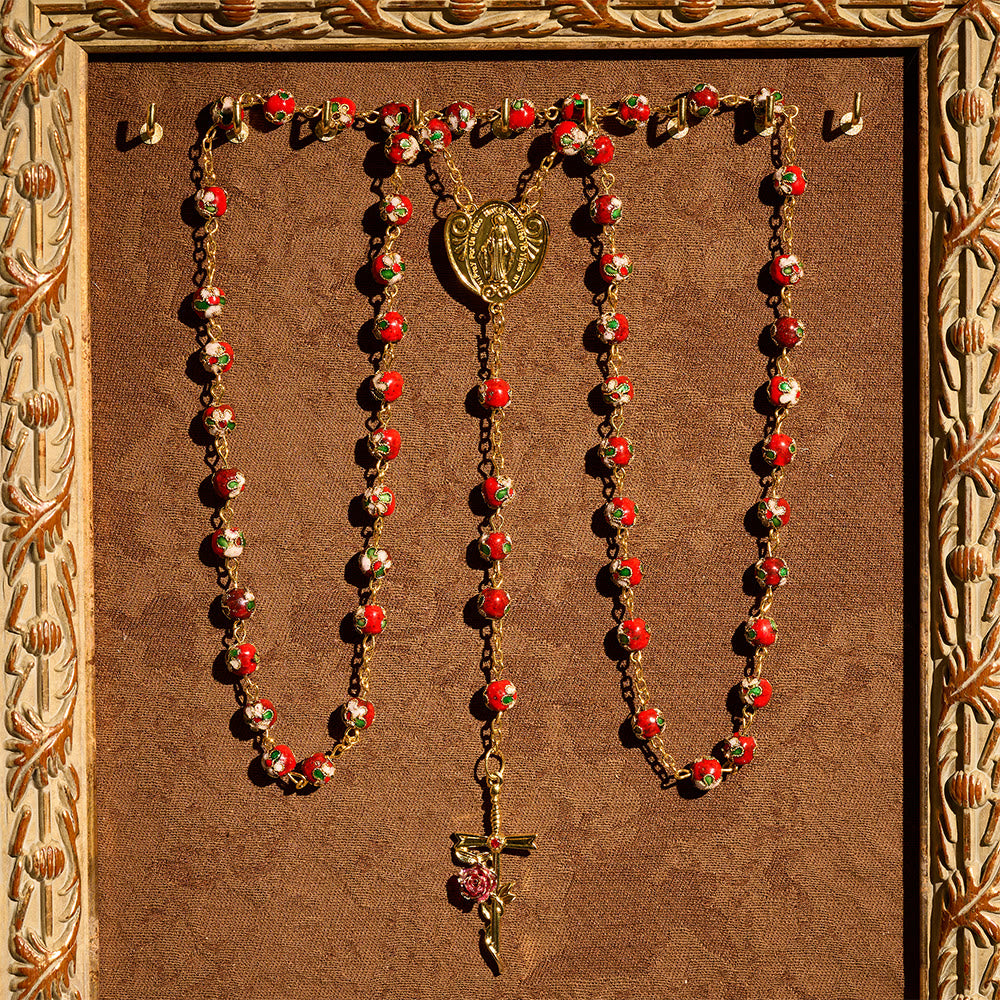 Christianartworkshop Rosario devozionale in smalto vintage: perline rosso-verdi e ciondolo a forma di cuore della Madonna dorato - Rosario devozionale in smalto - image 0