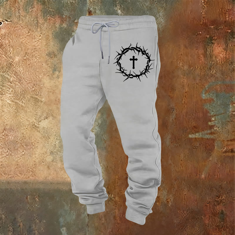 Pantaloni della tuta con corona di spine e croce Christianartworkshop : comfort intrecciato con grazia redentrice - Grigio chiaro - 2XL - image 4