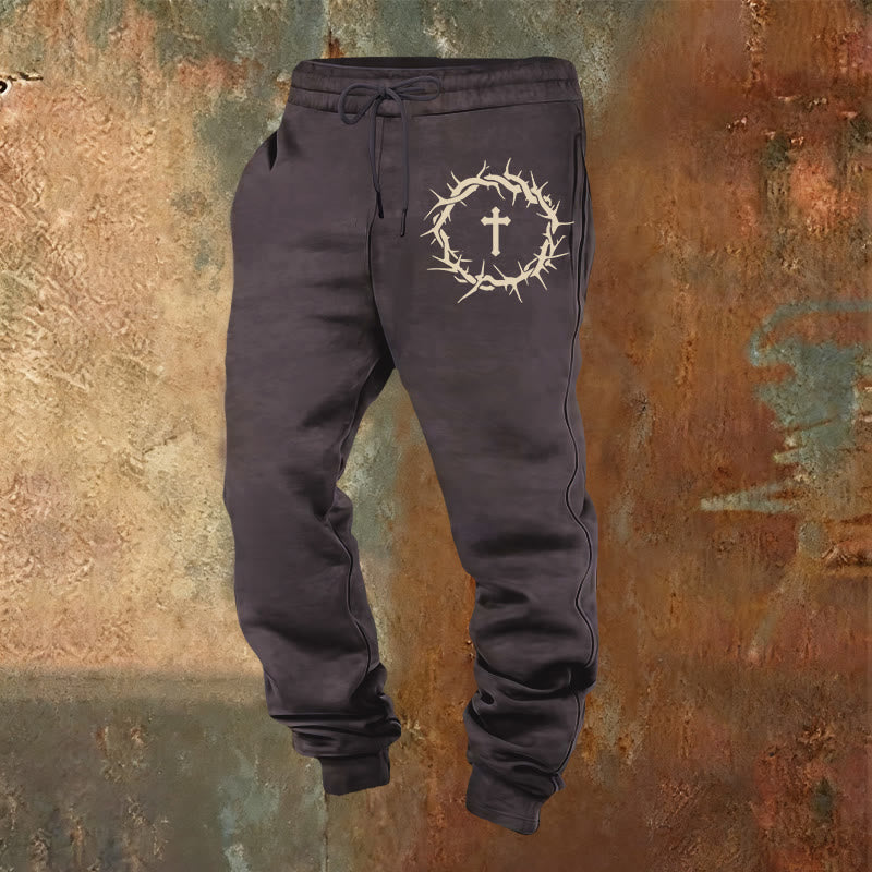 Pantaloni della tuta con corona di spine e croce Christianartworkshop : comfort intrecciato con grazia redentrice - Grigio scuro - 2XL - image 0