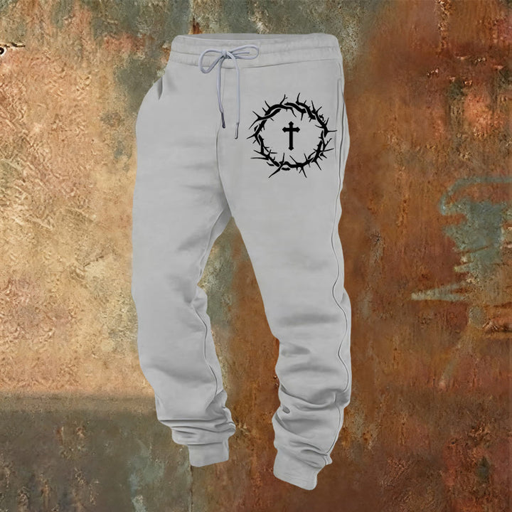 Pantaloni della tuta con corona di spine e croce Christianartworkshop : comfort intrecciato con grazia redentrice - Grigio chiaro - 2XL - image 4
