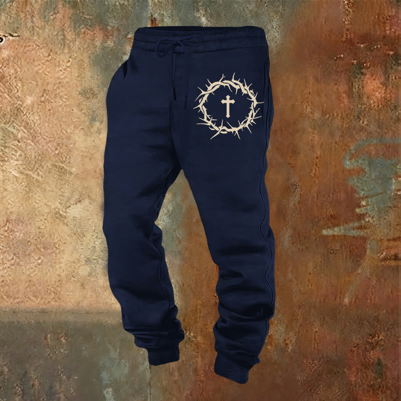 Pantaloni della tuta con corona di spine e croce Christianartworkshop : comfort intrecciato con grazia redentrice - Blu navy - 2XL - image 20