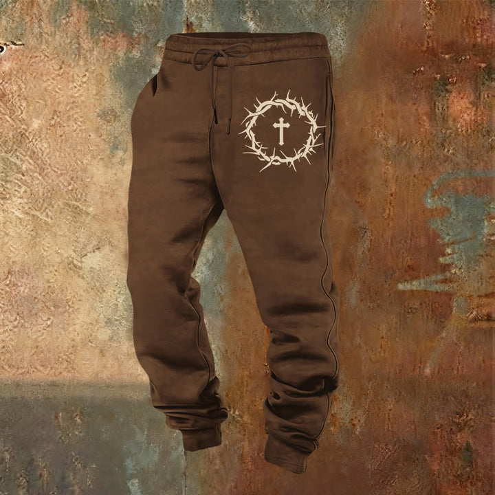 Pantaloni della tuta con corona di spine e croce Christianartworkshop : comfort intrecciato con grazia redentrice - Marrone - 2XL - image 8