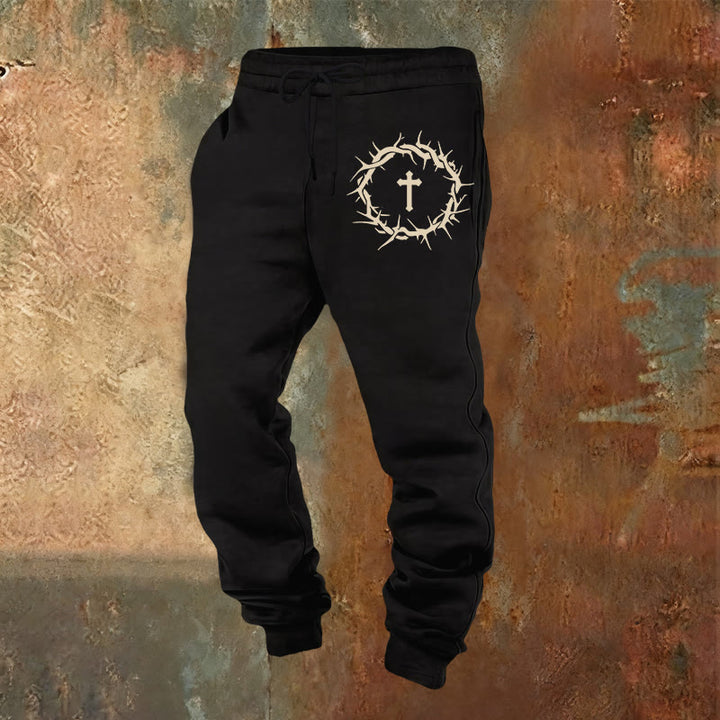 Pantaloni della tuta con corona di spine e croce Christianartworkshop : comfort intrecciato con grazia redentrice - Nero - 2XL - image 16