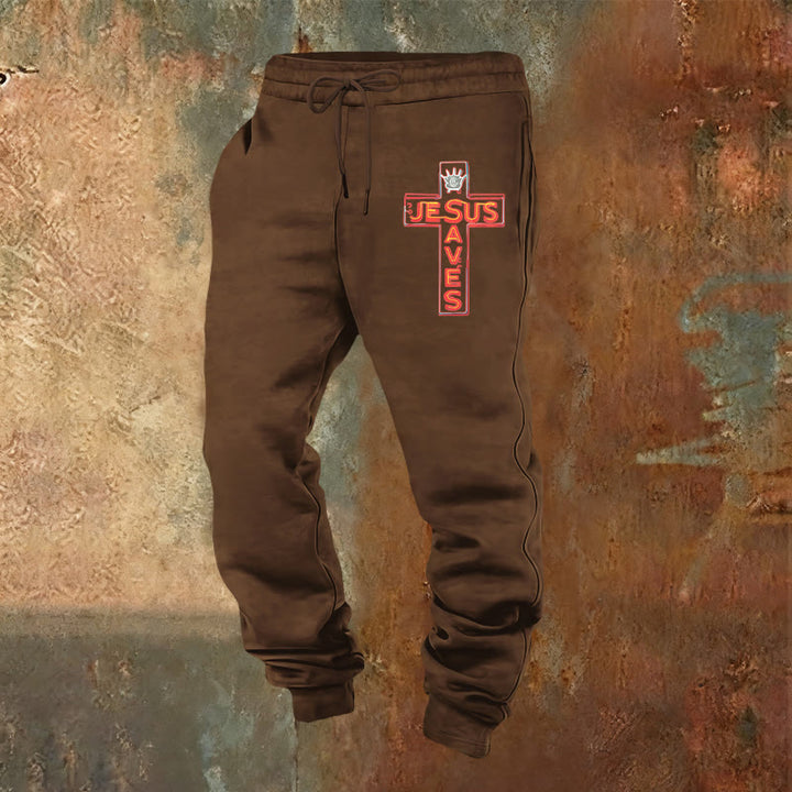 Christianartworkshop Croce e pantaloni della tuta "Gesù salva": abbigliamento quotidiano legato alla Sua promessa - Marrone - 2XL - image 12