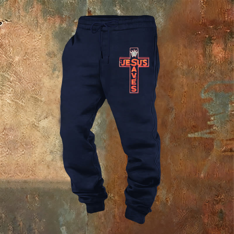 Christianartworkshop Croce e pantaloni della tuta "Gesù salva": abbigliamento quotidiano legato alla Sua promessa - Blu navy - 2XL - image 0