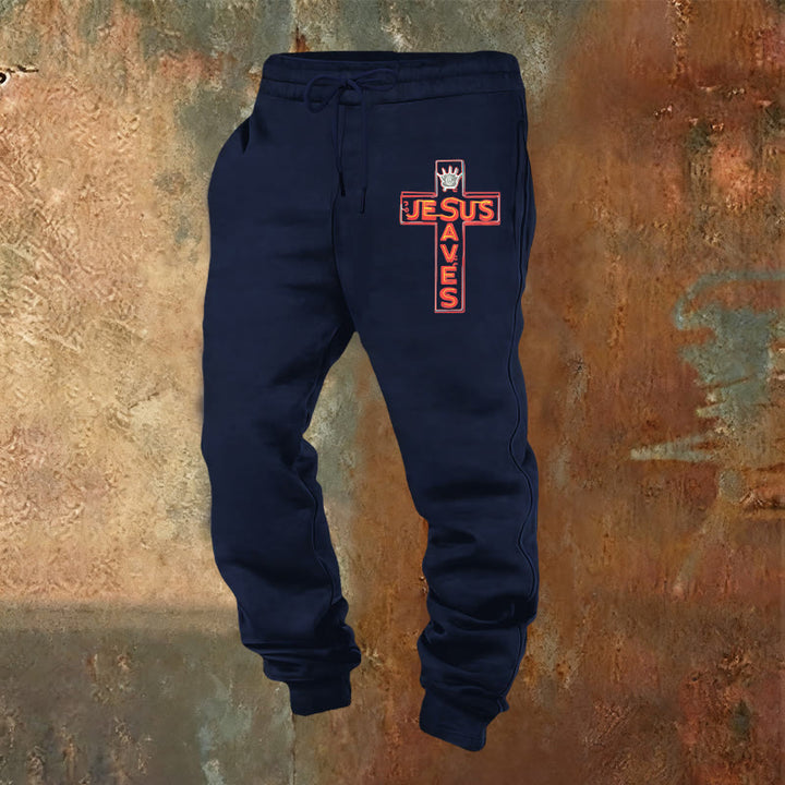 Christianartworkshop Croce e pantaloni della tuta "Gesù salva": abbigliamento quotidiano legato alla Sua promessa - Blu navy - 2XL - image 0
