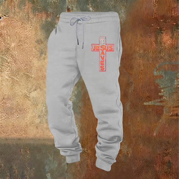 Christianartworkshop Croce e pantaloni della tuta "Gesù salva": abbigliamento quotidiano legato alla Sua promessa - Grigio chiaro - 2XL - image 8