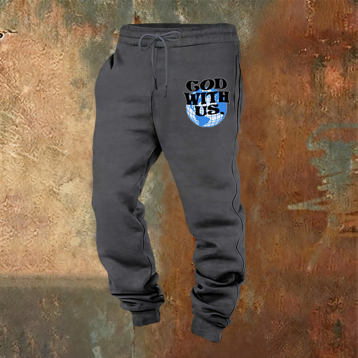 Christianartworkshop Globe e pantaloni della tuta Dio con noi: comodi promemoria della sua vicinanza - Grigio caldo - 2XL - image 0