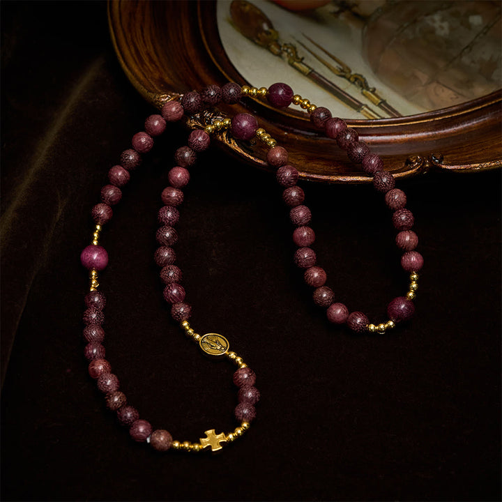 Bracciale rosario multistrato in legno di perilla di Christianartworkshop con perline color terra e Madonna Sacra - image 6