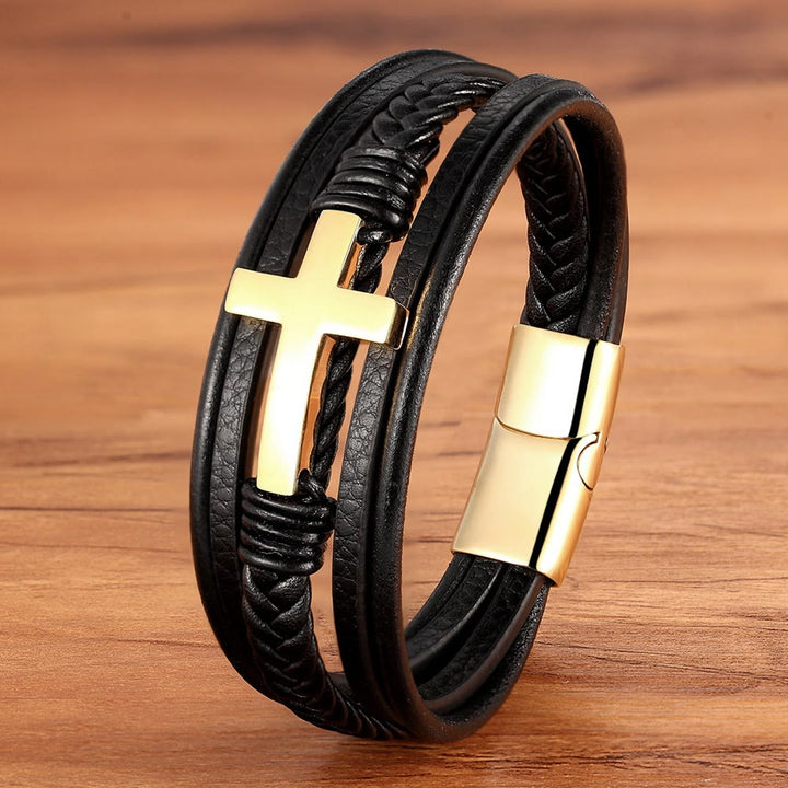 Bracciale in pelle intrecciata con croce Christianartworkshop : grazia costante per i polsi di tutti i giorni - Croce nera e dorata - 9,1''/23 cm - image 0