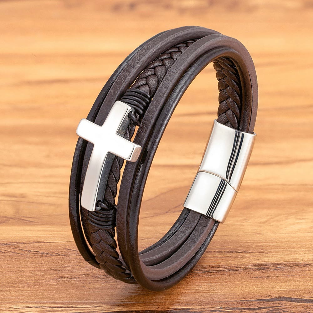 Bracciale in pelle intrecciata con croce Christianartworkshop : grazia costante per i polsi di tutti i giorni - Croce marrone e argento - 9,1''/23 cm - image 9