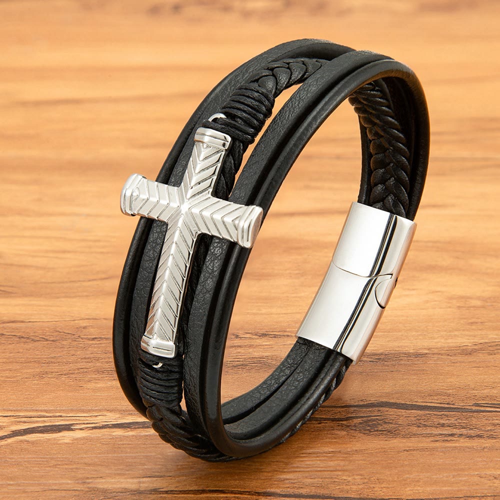 Bracciale in pelle con croce a tre stili Christianartworkshop : fede personalizzata in ogni filo - Argento - 9,1''/23 cm - image 4