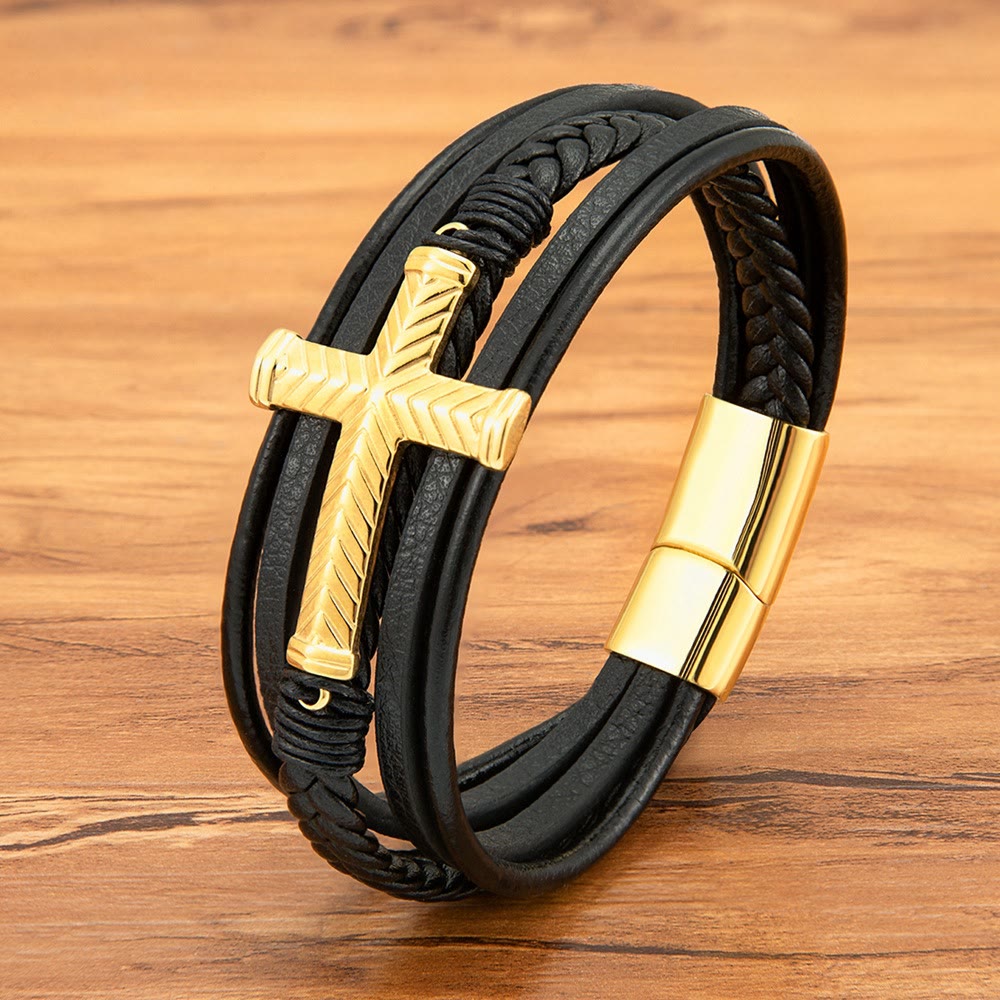 Bracciale in pelle con croce a tre stili Christianartworkshop : fede personalizzata in ogni filo - D'oro - 9,1''/23 cm - image 3