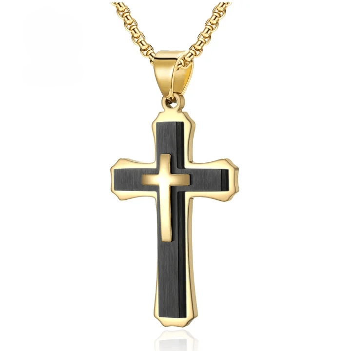 Collana con croce a tre strati di Christianartworkshop: fede personalizzata per tutti i giorni - Oro e Nero - image 2