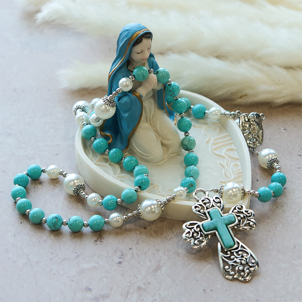 Rosario con crocifisso in perline turchesi di Christianartworkshop con accento della Sacra Famiglia: un promemoria costante della Sua grazia - image 7