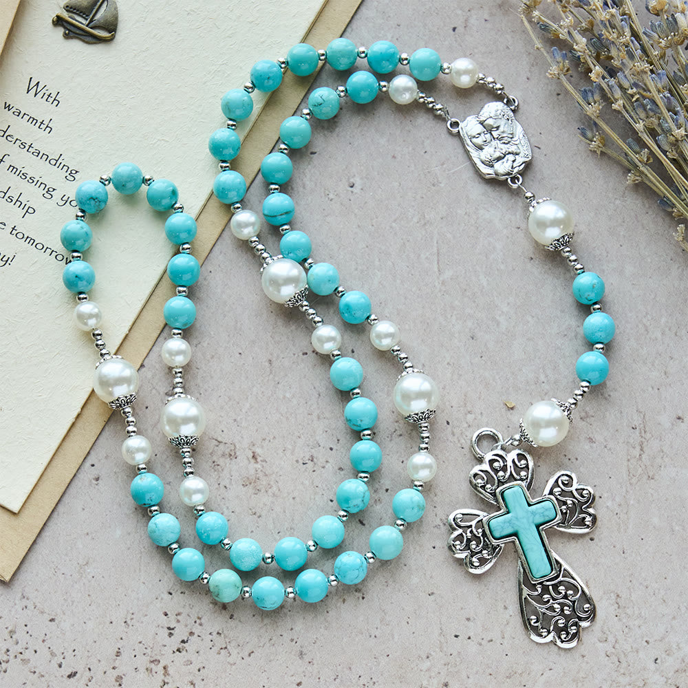 Rosario con crocifisso in perline turchesi di Christianartworkshop con accento della Sacra Famiglia: un promemoria costante della Sua grazia - Rosario con perline turchesi - image 0
