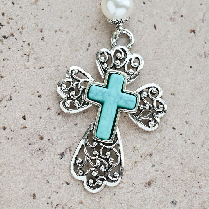 Rosario con crocifisso in perline turchesi di Christianartworkshop con accento della Sacra Famiglia: un promemoria costante della Sua grazia - image 10