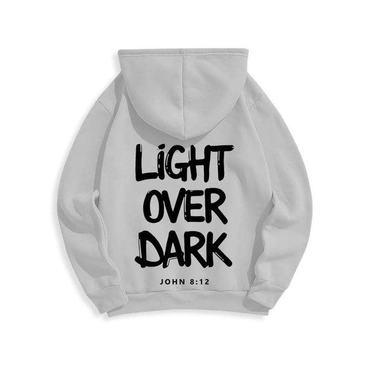 Felpa con cappuccio in poliestere foderata in pile con scritta "Light Over Dark" di John 8:12 Christianartworkshop - image 23