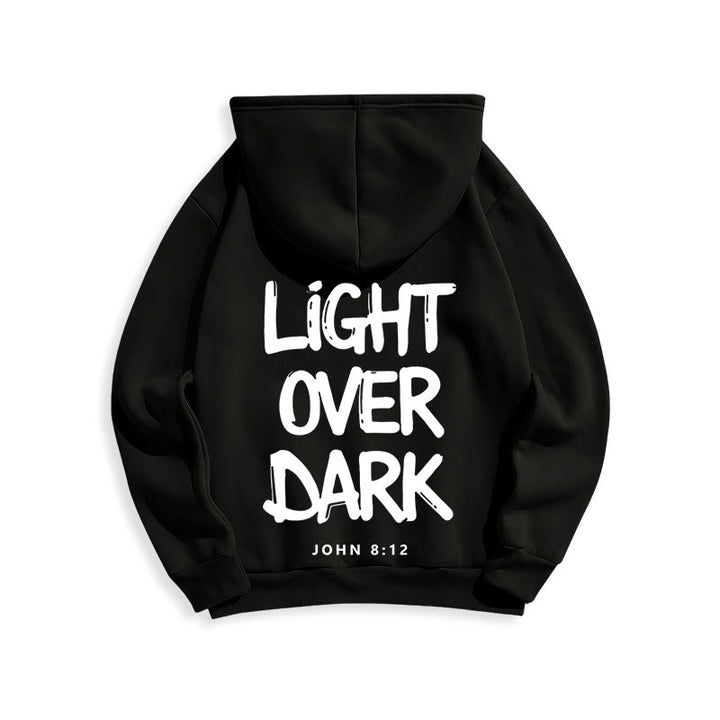 Felpa con cappuccio in poliestere foderata in pile con scritta "Light Over Dark" di John 8:12 Christianartworkshop - image 17