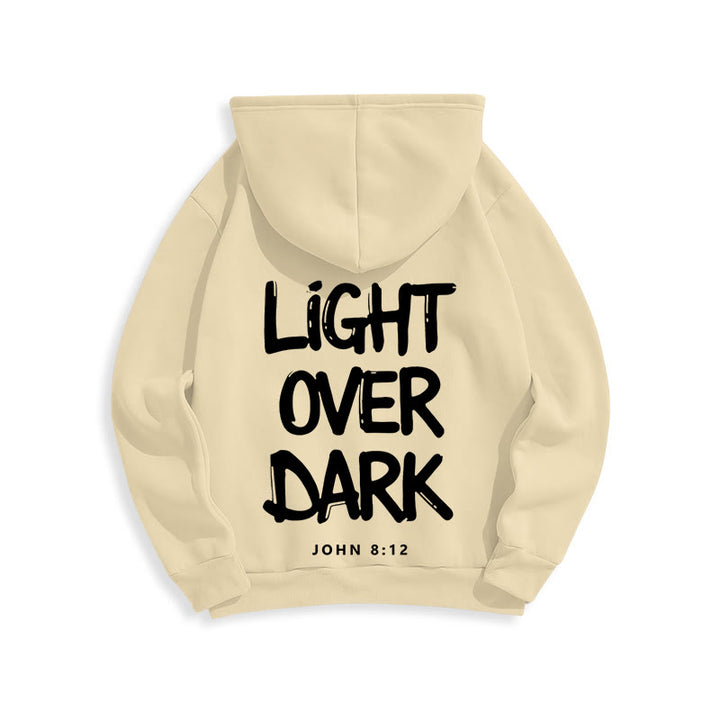 Felpa con cappuccio in poliestere foderata in pile con scritta "Light Over Dark" di John 8:12 Christianartworkshop - image 8