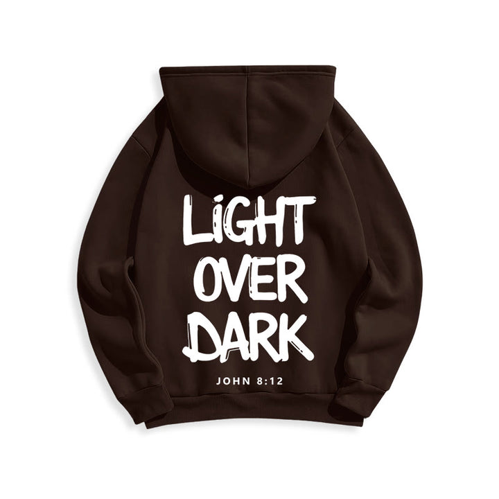 Felpa con cappuccio in poliestere foderata in pile con scritta "Light Over Dark" di John 8:12 Christianartworkshop - image 14