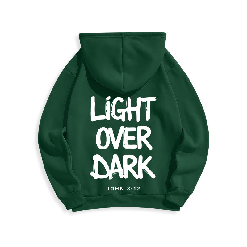 Felpa con cappuccio in poliestere foderata in pile con scritta "Light Over Dark" di John 8:12 Christianartworkshop - image 11