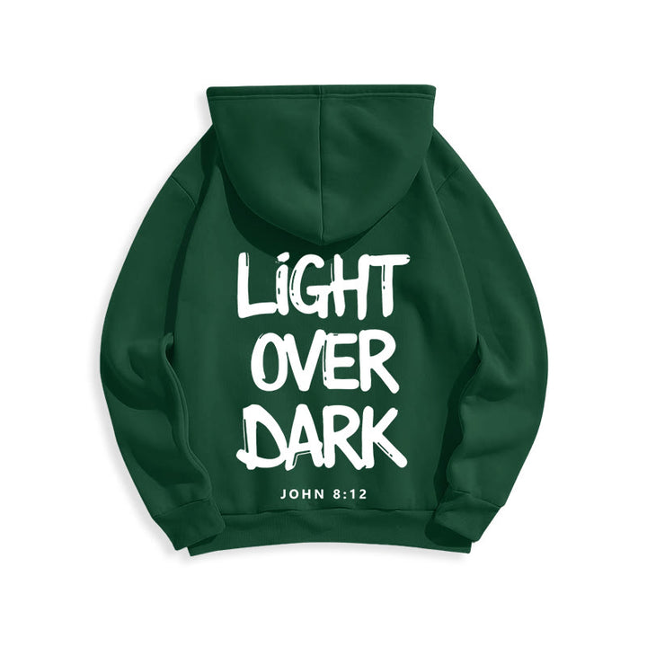 Felpa con cappuccio in poliestere foderata in pile con scritta "Light Over Dark" di John 8:12 Christianartworkshop - image 11