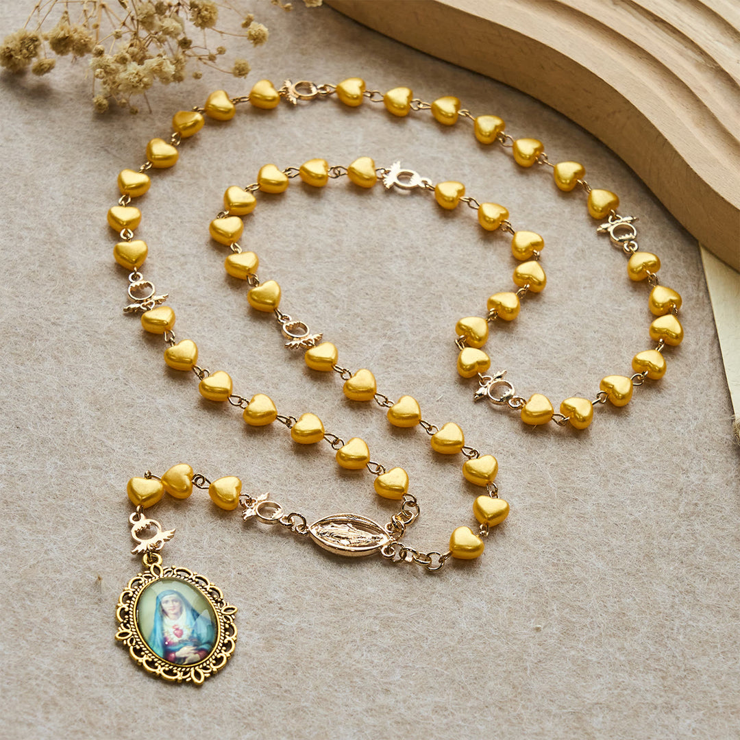 Set di rosario e bracciale con perline a cuore giallo Christianartworkshop: tenero compagno della grazia quotidiana - Rosario - image 1