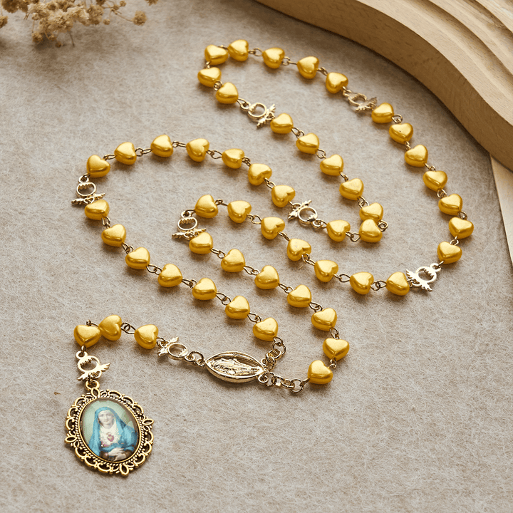 Set di rosario e bracciale con perline a cuore giallo Christianartworkshop: tenero compagno della grazia quotidiana - image 3