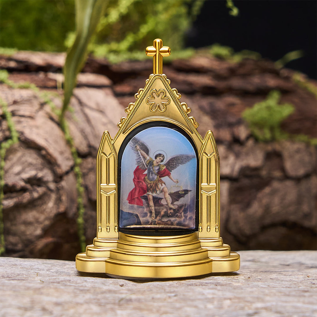 Christianartworkshop Cornice decorata con statuetta sacra, decorazione da scrivania: la sua presenza in una delicata esposizione - San Michele - image 9