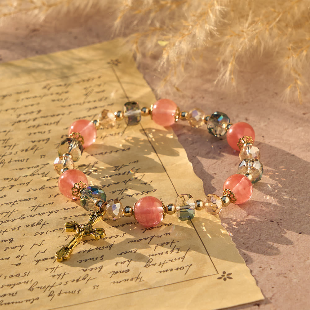Bracciale Christianartworkshop con cristalli rosa e perline sfaccettate e crocifisso dorato: fede abbagliante per uno stile quotidiano - Circonferenza del polso: 7,87"/20 cm - image 0