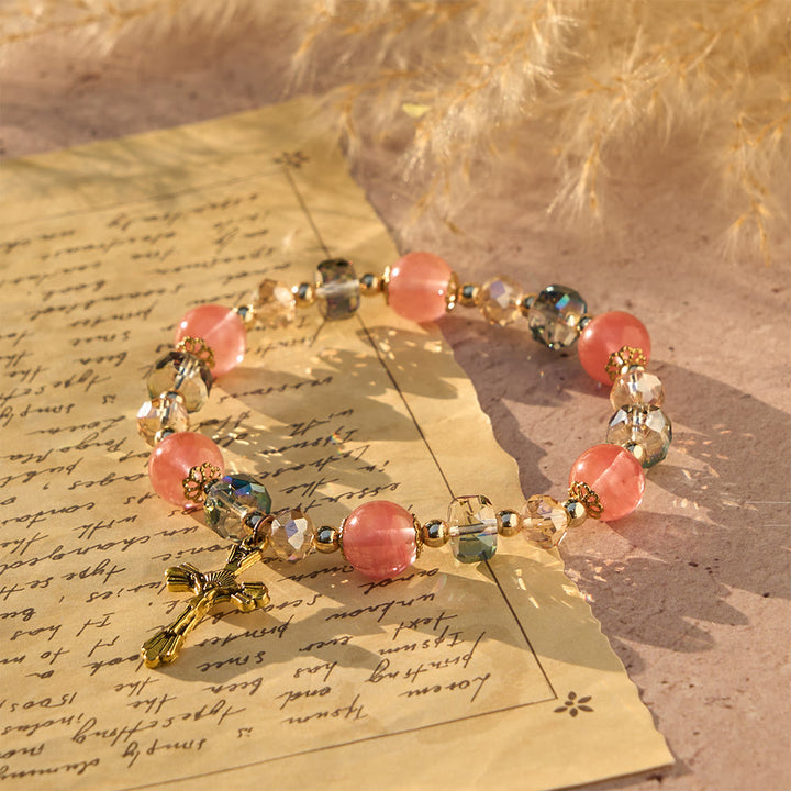 Bracciale Christianartworkshop con cristalli rosa e perline sfaccettate e crocifisso dorato: fede abbagliante per uno stile quotidiano - Circonferenza del polso: 7,87"/20 cm - image 0