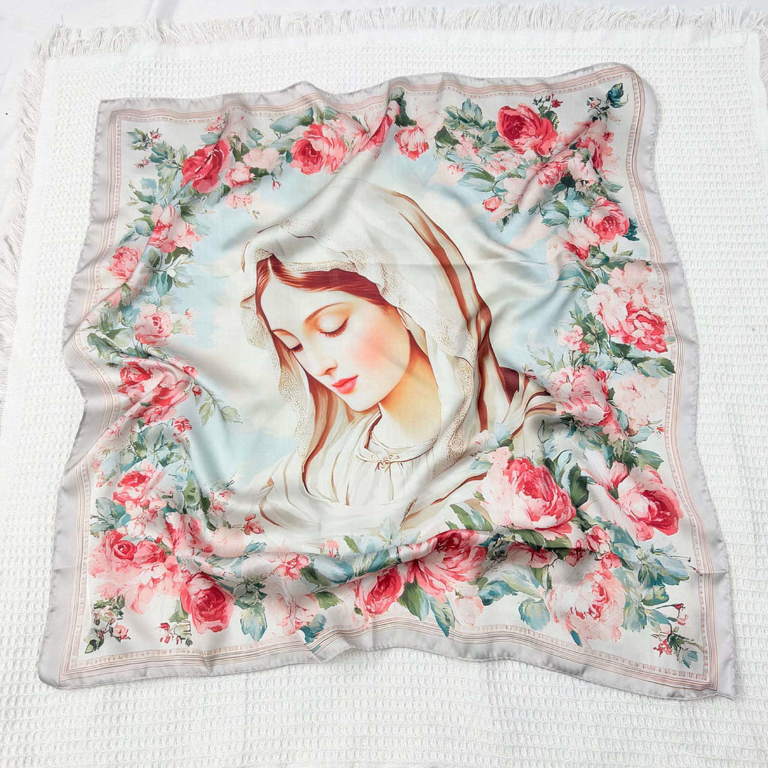 Christianartworkshop Sciarpa di raso con la Madonna Serena: Un fiore di devozione - O - image 20