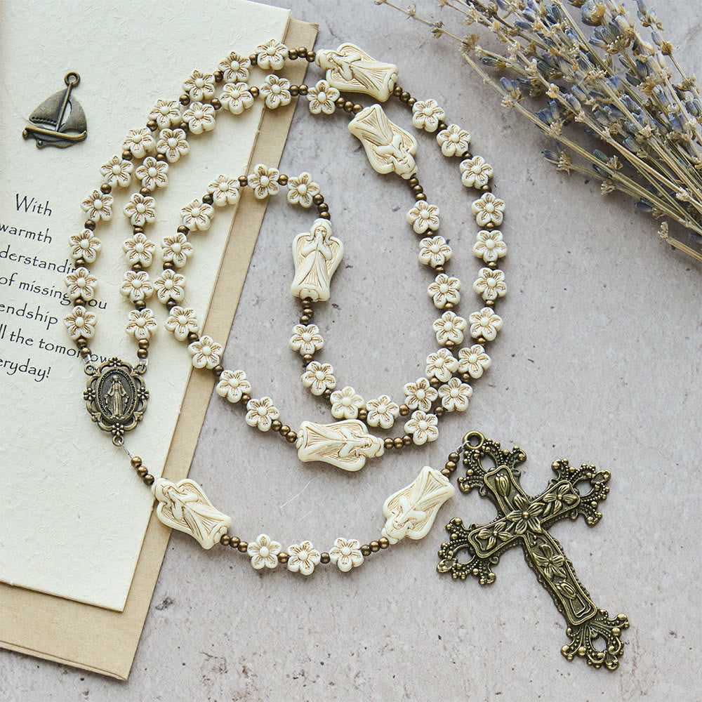 Christianartworkshop Rosario vintage con fiore bianco e angelo celeste: devozione con guardiani angelici - Rosario dell'Angelo - image 0