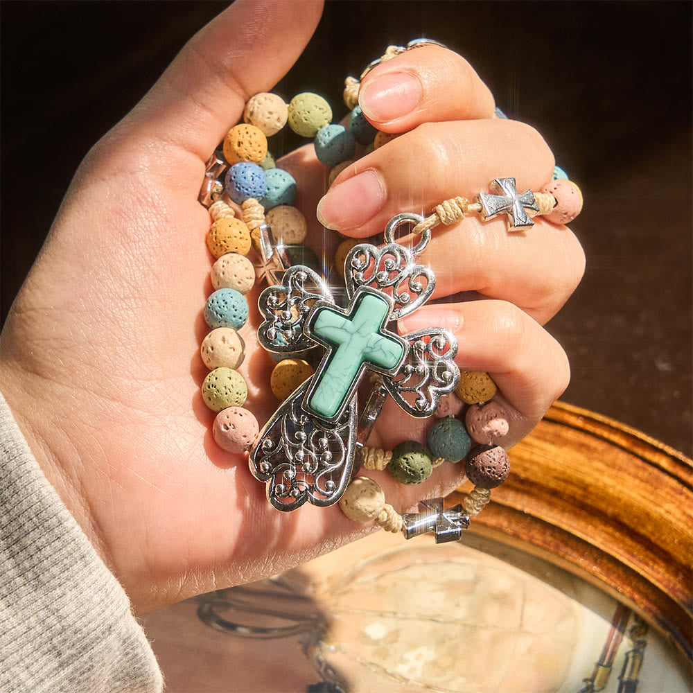 Rosario vintage multicolore in pietra lavica Christianartworkshop : alba nel deserto con croce turchese e ciondolo della Madonna - image 1