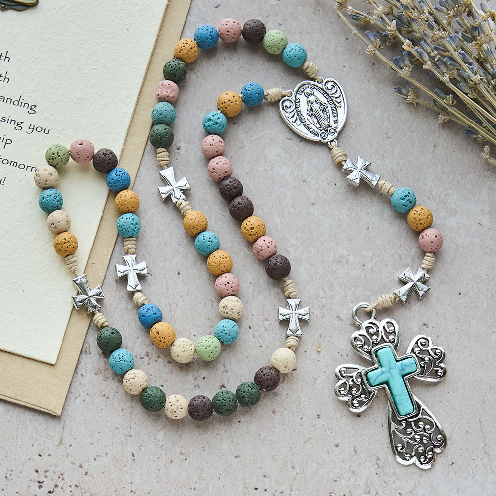 Rosario vintage multicolore in pietra lavica Christianartworkshop : alba nel deserto con croce turchese e ciondolo della Madonna - Pietra lavica - image 0