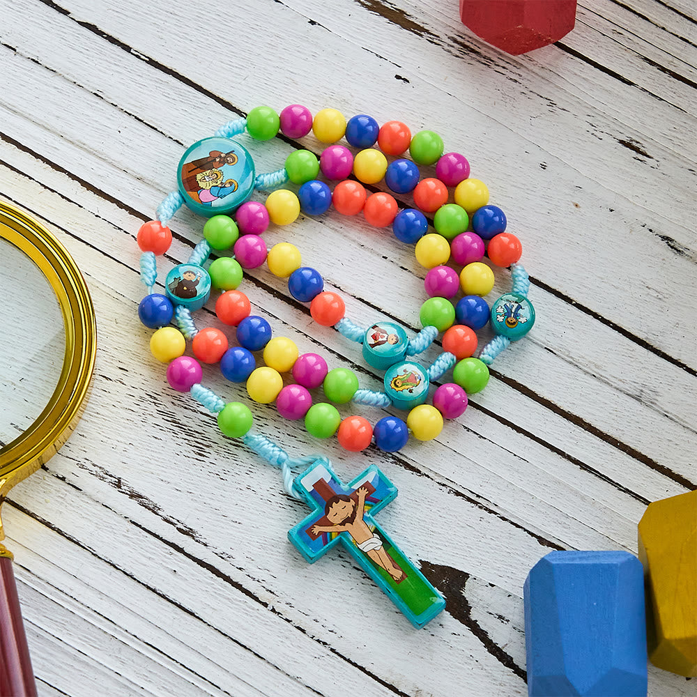 Christianartworkshop Rosario colorato per bambini con ciondolo a forma di Sacra Famiglia e Santo: rosari per la preghiera adatti ai bambini - image 1