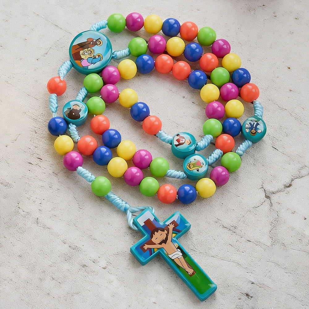 Christianartworkshop Rosario colorato per bambini con ciondolo a forma di Sacra Famiglia e Santo: rosari per la preghiera adatti ai bambini - Blu - image 0