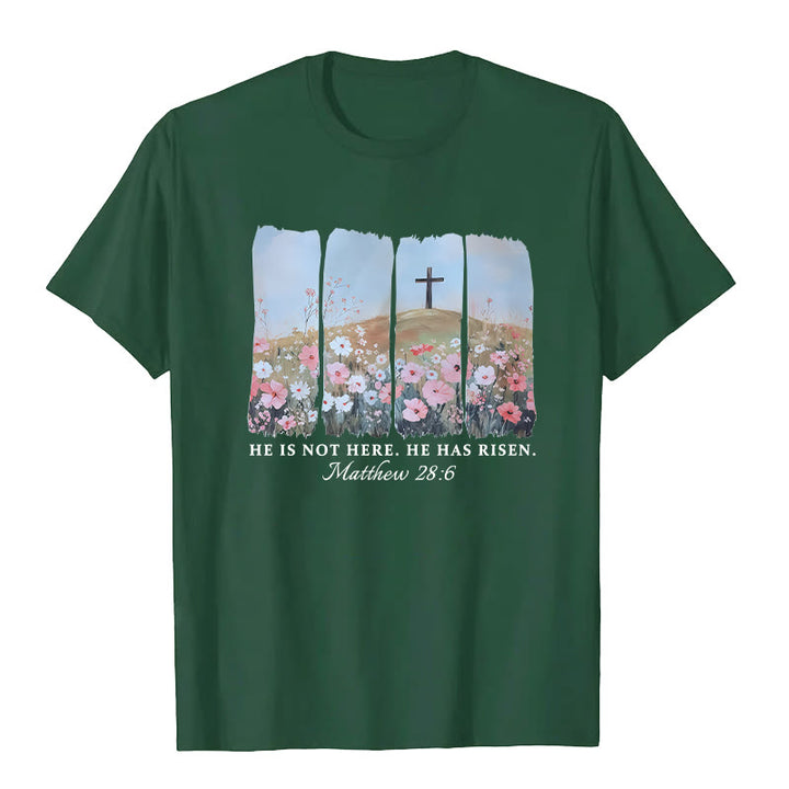 Christianartworkshop Maglietta con croce floreale ispirata alla fede "È risorto" - Verde scuro - 2XL - image 7