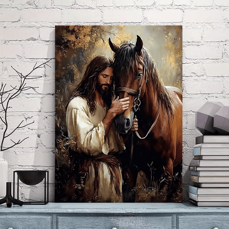 Christianartworkshop Gentle Figure & Horse Wall Art Print: Cura affettuosa per gli spazi domestici - Dipinto su tela incorniciato - 11,81''*15,75''0,71"/30*40*1,8 cm - image 0