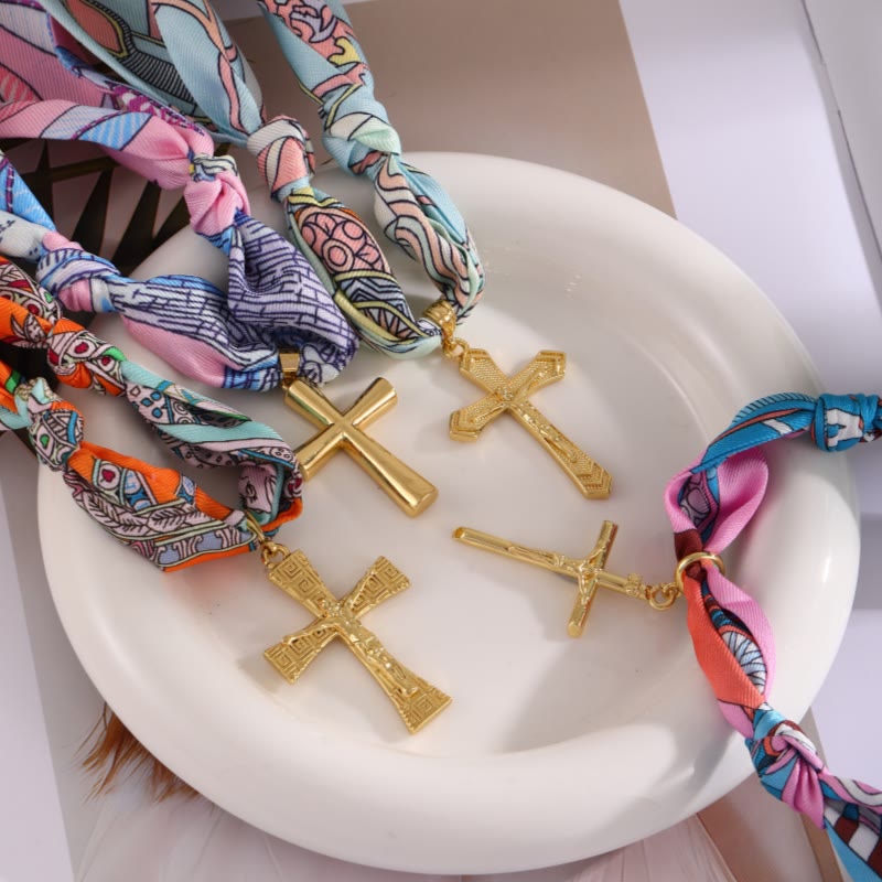 Christianartworkshop Serie di sciarpe con motivo vibrante e collana a croce: devozione aggraziata per l'uso quotidiano - Arancia  - image 0