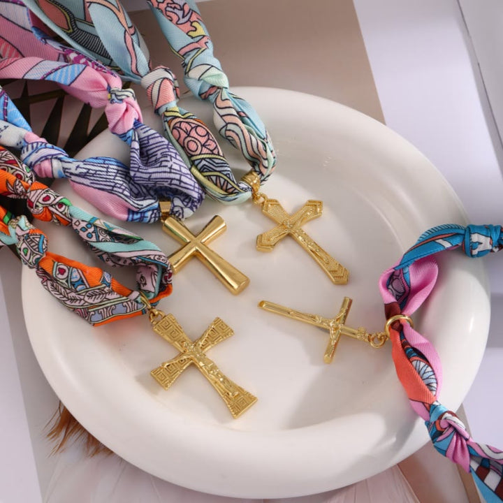 Christianartworkshop Serie di sciarpe con motivo vibrante e collana a croce: devozione aggraziata per l'uso quotidiano - Arancia  - image 0