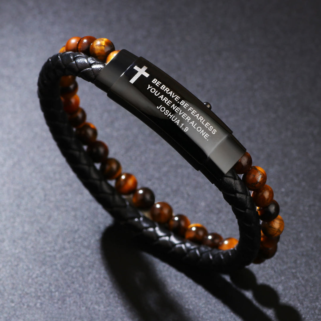 Christianartworkshop Bracciale con croce in pelle intrecciata Giosuè 1:9: coraggio audace da indossare ogni giorno - Pietra Occhio di Tigre - image 6