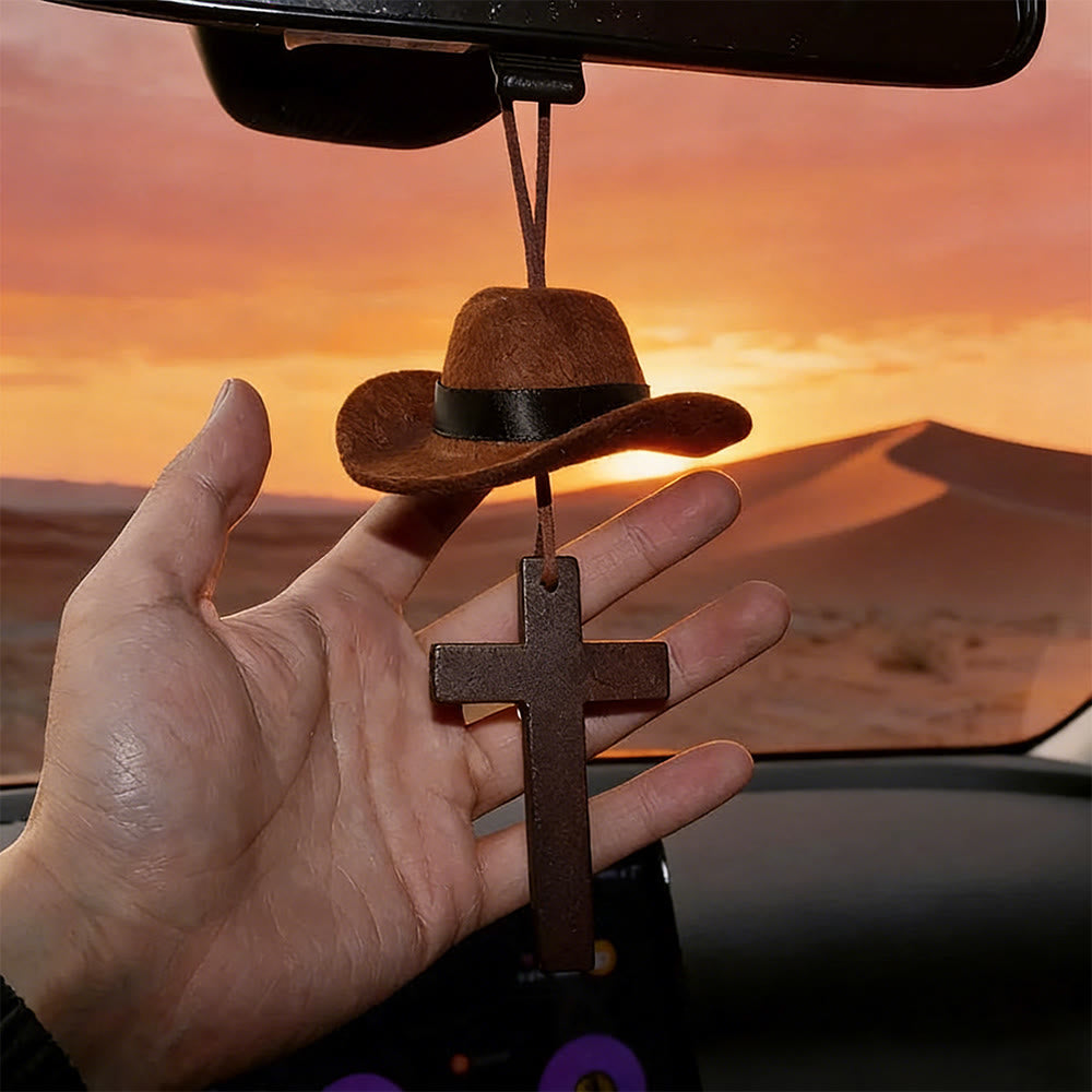 Christianartworkshop Ciondolo a forma di auto con cappello da cowboy e croce: fede incrollabile per la strada aperta - image 3