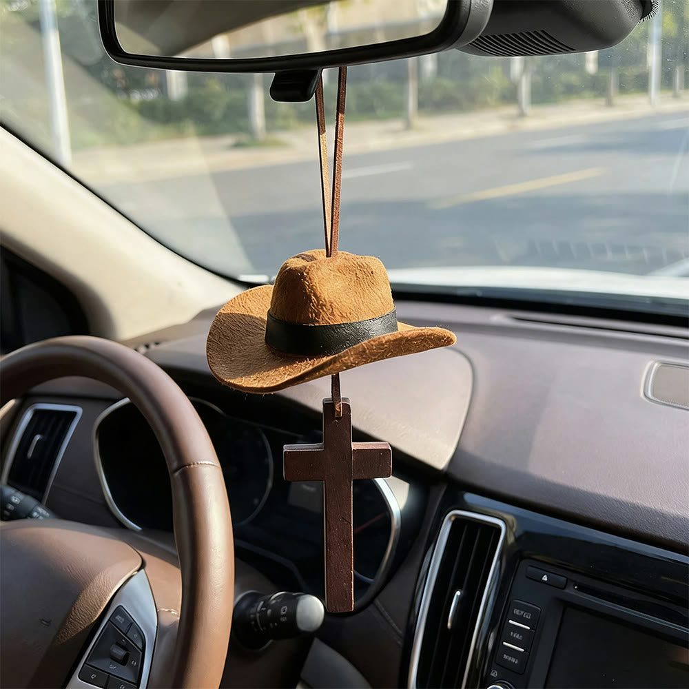 Christianartworkshop Ciondolo a forma di auto con cappello da cowboy e croce: fede incrollabile per la strada aperta - image 4