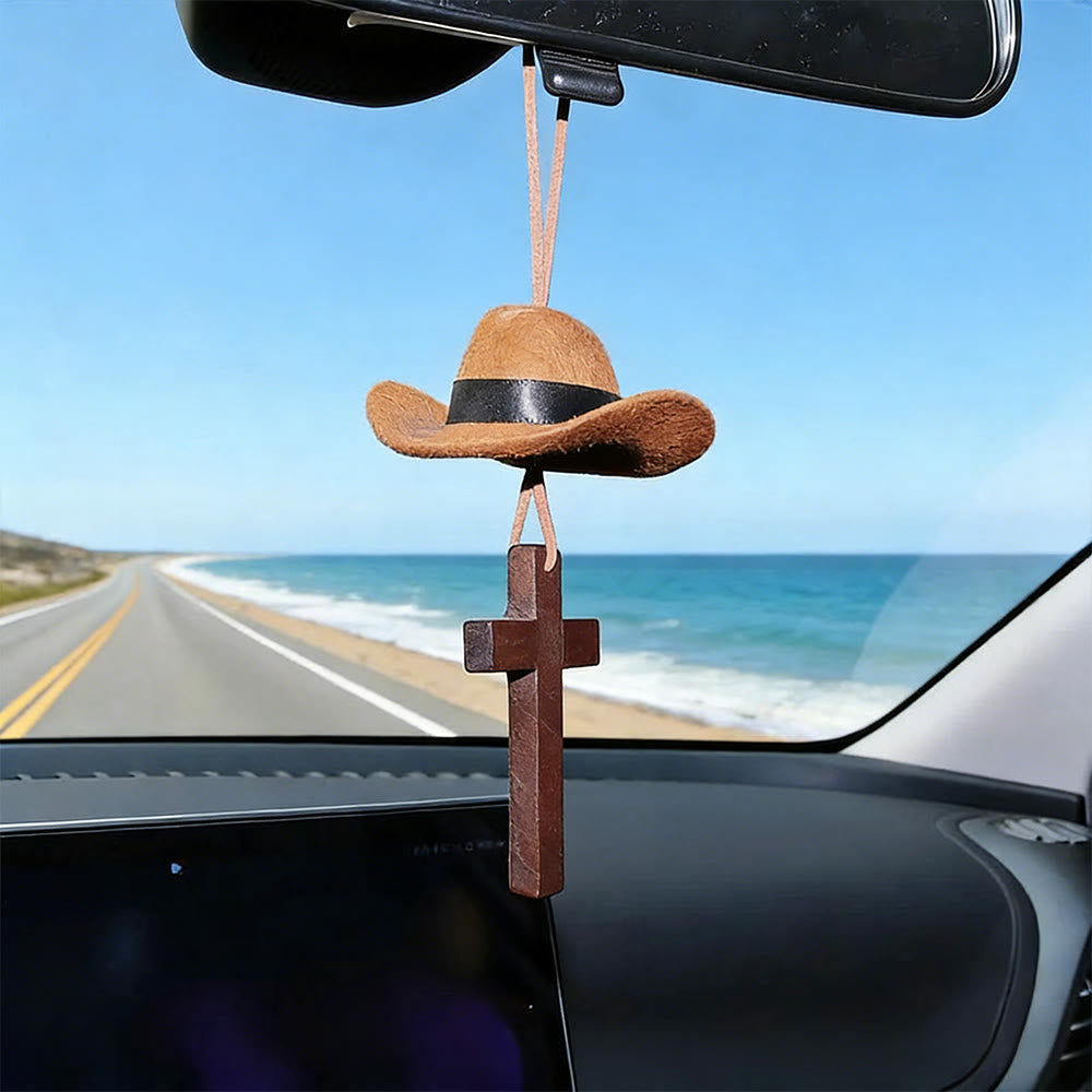 Christianartworkshop Ciondolo a forma di auto con cappello da cowboy e croce: fede incrollabile per la strada aperta - image 2