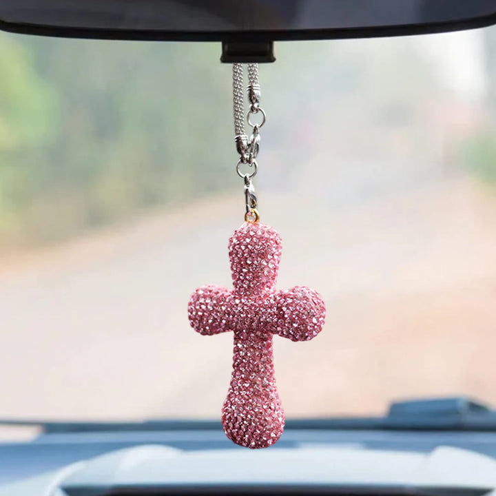 Ciondolo a croce per auto con decorazioni in cristallo Christianartworkshop : una fede radiosa per ogni viaggio. - Rosa - image 4