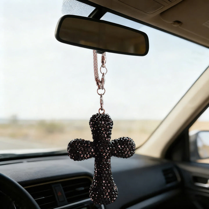 Ciondolo a croce per auto con decorazioni in cristallo Christianartworkshop : una fede radiosa per ogni viaggio. - Nero - image 1