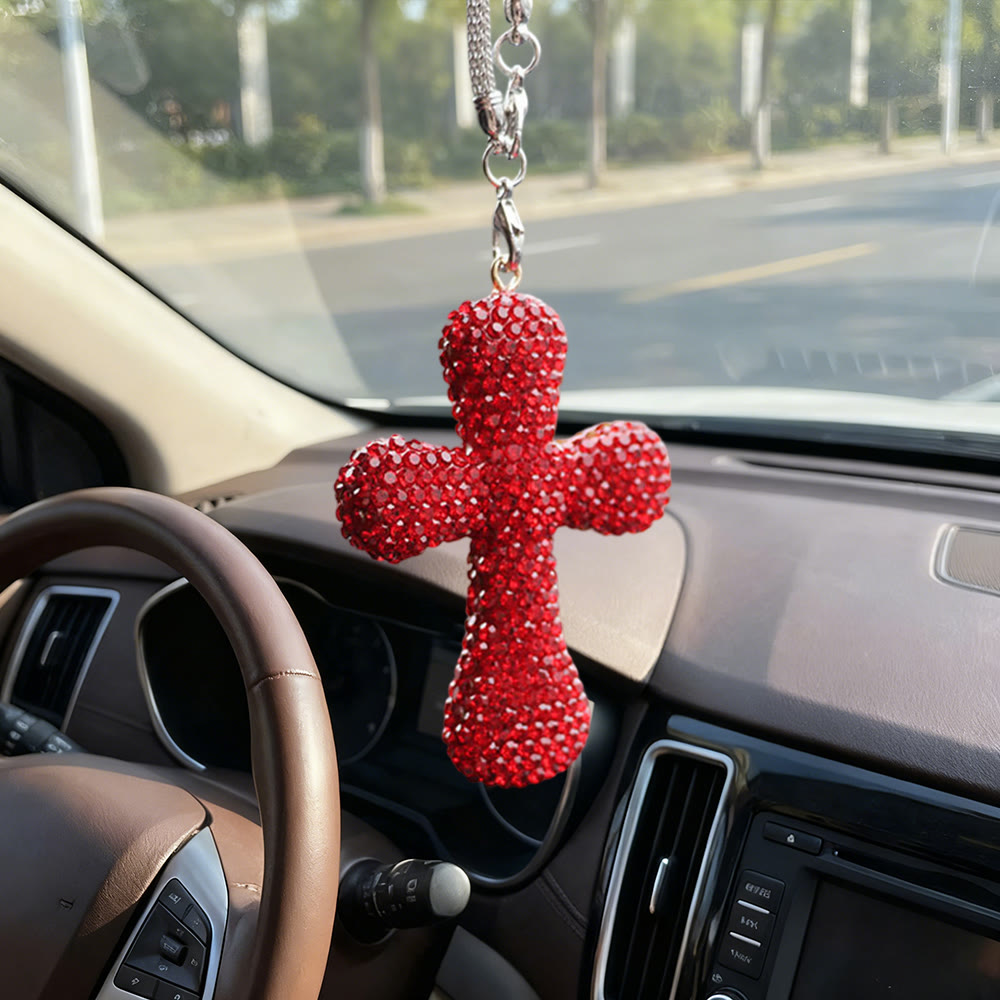 Ciondolo a croce per auto con decorazioni in cristallo Christianartworkshop : una fede radiosa per ogni viaggio. - Rosso - image 0